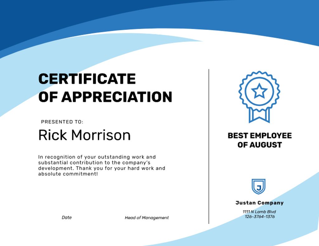 Best Employee Appreciation in Blue Certificate Design Template