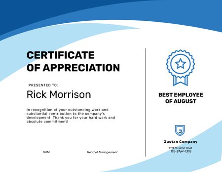 Plantilla de diseño de Best Employee Appreciation in Blue Certificate 
