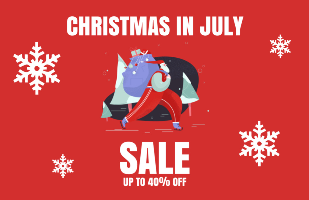 Ontwerpsjabloon van Flyer 5.5x8.5in Horizontal van Christmas Sale in July with Santa Claus with Gifts