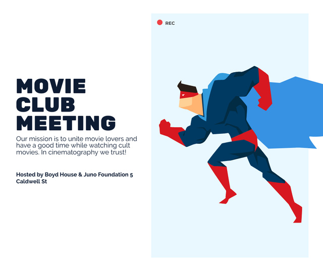 Movie Club Meeting Man in Superhero Costume Facebook Design Template