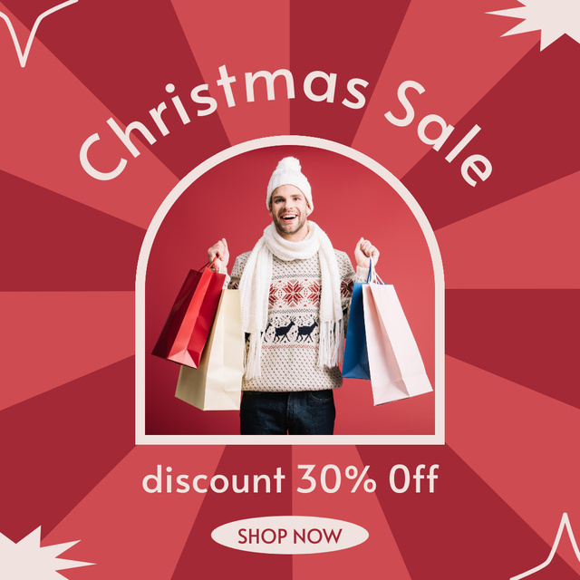 Christmas Sale Ad with Smiling Man Holding Shopping Bags Instagram ADデザインテンプレート