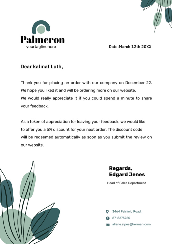 Ontwerpsjabloon van Letterhead van Letter From the Head of Retail Sales with Floral Illustration