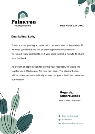 Carta do chefe de vendas no varejo com ilustração floral Letterhead Modelo de Design