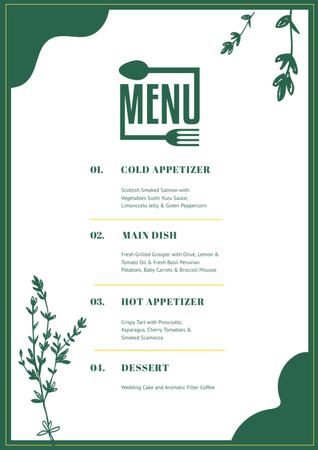 Plantilla de diseño de Lista de platos de boda verdes simples con ramitas Menu 