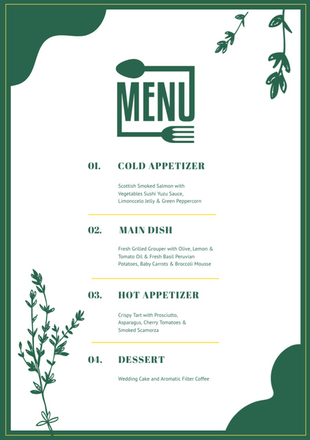 Simple Green Wedding Dishes List with Twigs Menu Tasarım Şablonu