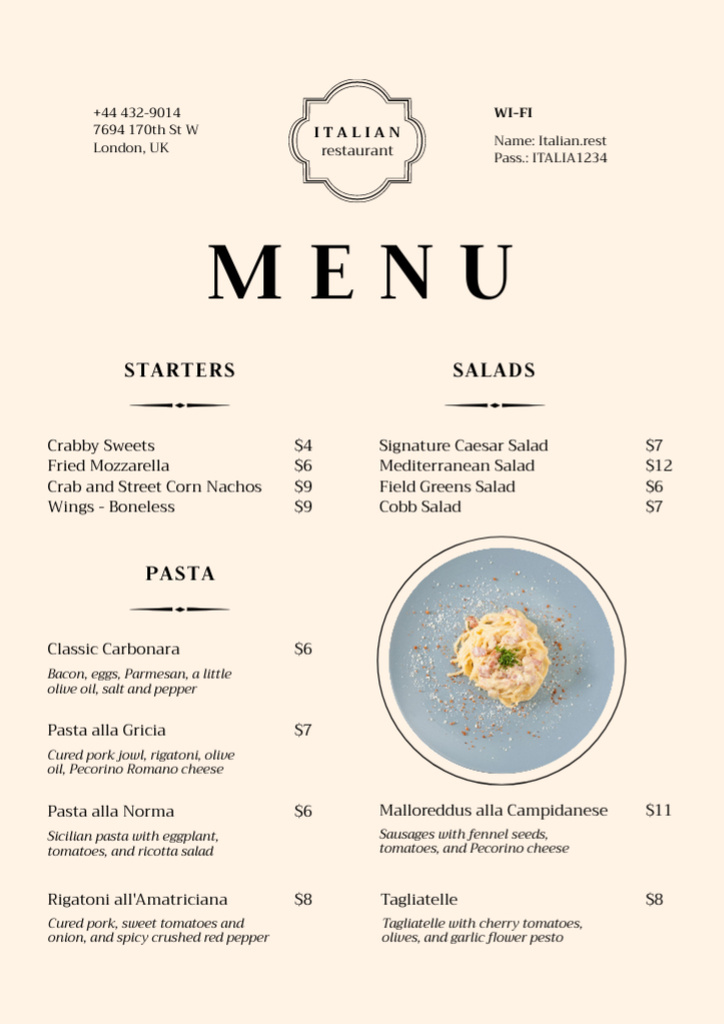 Tasty Italian Dish on Blue Plate Menu – шаблон для дизайну