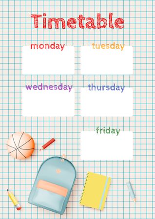 Viikkoaikataulu koulutarvikkeineen ja reppuineen Schedule Planner Design Template