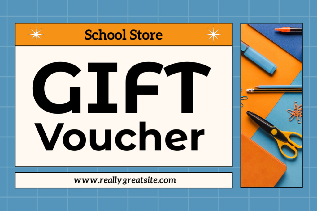 Ontwerpsjabloon van Gift Certificate van Gift Voucher to School Shop on Blue