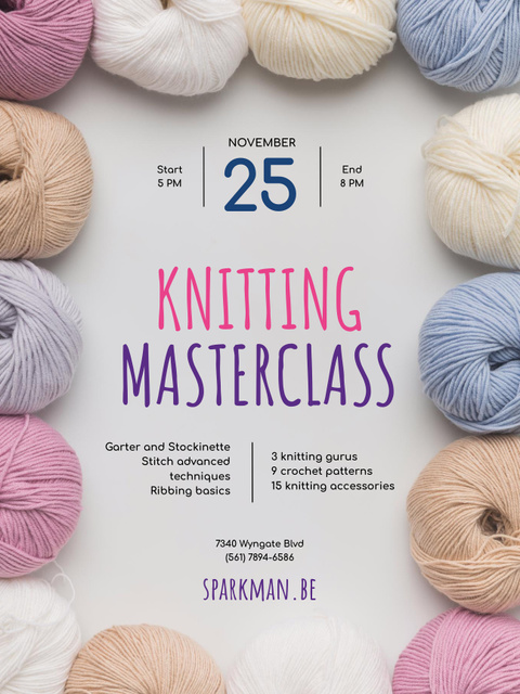 Spectacular Knitting Masterclass Announcement with Wool Yarn Skeins Poster US tervezősablon