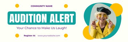 Comedian Auditions Ad with Nice Old Smiling Lady Twitter Design Template