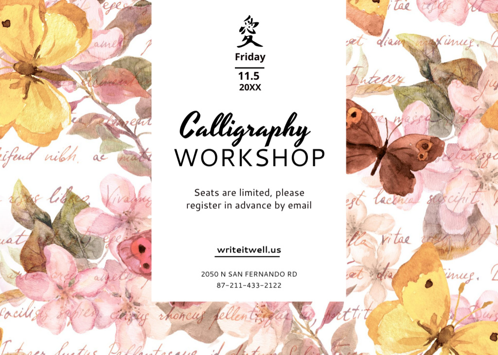 Calligraphy Lessons Announcement with Retro Watercolor Illustration Postcard 5x7in Πρότυπο σχεδίασης