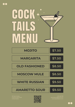 Ontwerpsjabloon van Menu van Eenvoudige groene prijslijst van cocktails