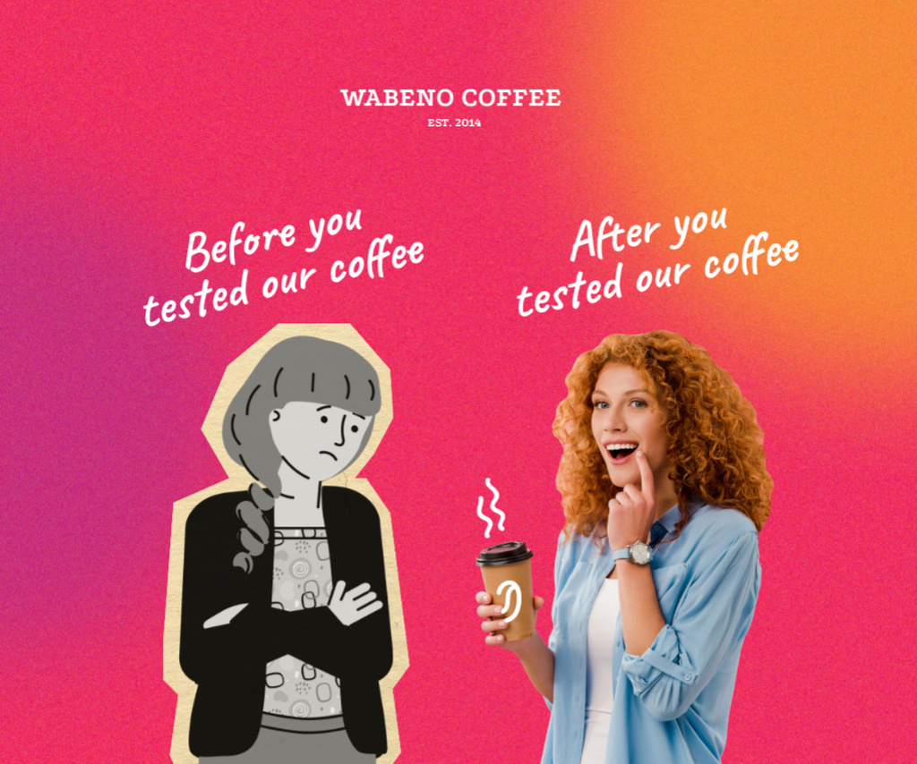 Funny Coffeeshop Promotion with Woman holding Cup Medium Rectangle Modelo de Design