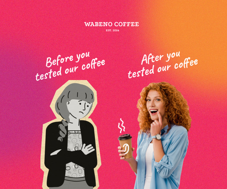 Funny Coffeeshop Promotion with Woman holding Cup Medium Rectangle Design Template