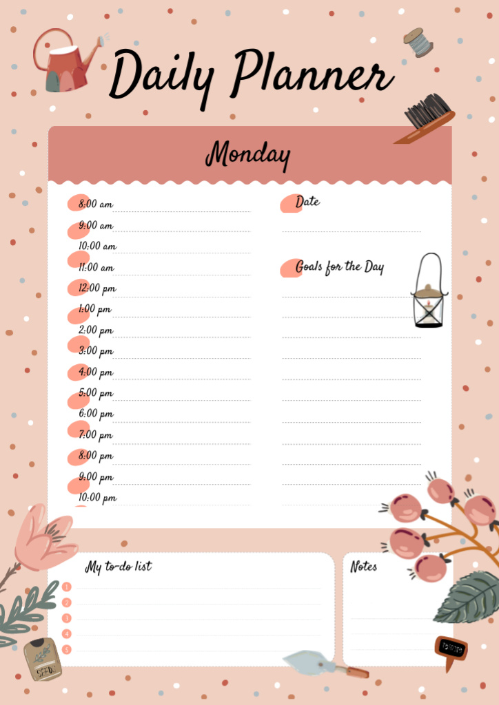 Daily Planner with Garden Supplies and Flowers Schedule Planner Design Template