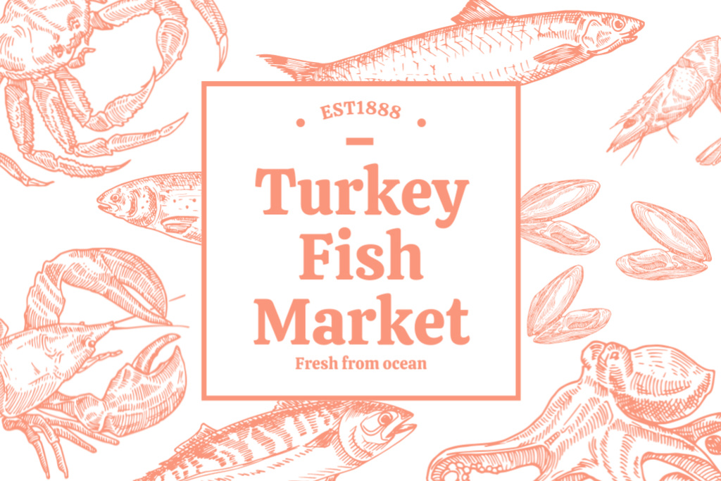 Seafood Market Tag with Sketch Illustration Label – шаблон для дизайна