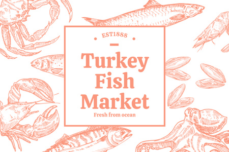 Seafood Market Tag with Sketch Illustration Label Design Template