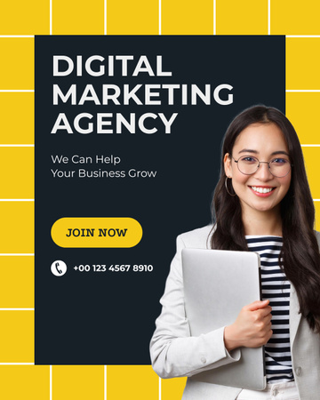 Serviços de marketing digital com mulher segurando laptop Instagram Post Vertical Modelo de Design