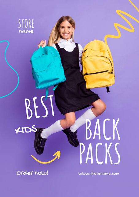 Backpacks for School Promotion For Kids In Purple Poster Design Template
