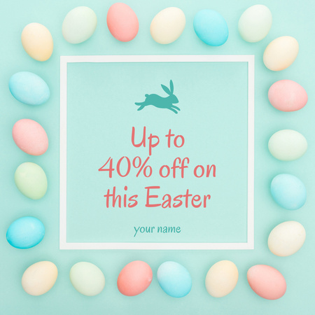 Velikonoční prodej oznámení s pastelovými velikonočními vejci na modré Instagram Šablona návrhu