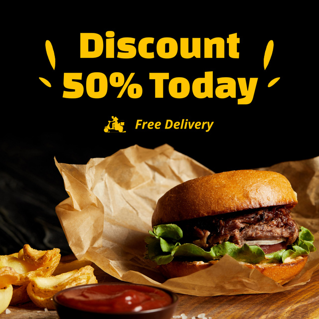 Designvorlage Discount on Tasty Burger with Free Delivery für Instagram