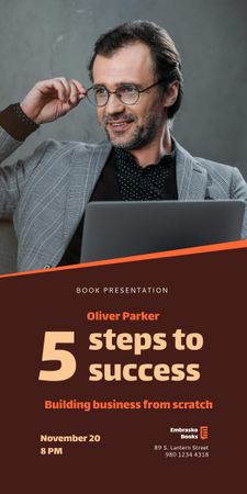 Book Presentation Event Ad Smiling Man with Laptop Graphic Design Template