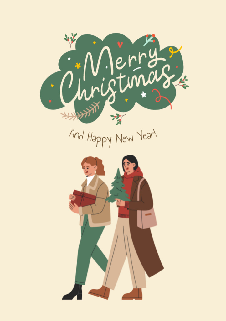 Christmas and New Year Cheers with Two Happy Woman Postcard A5 Vertical Tasarım Şablonu
