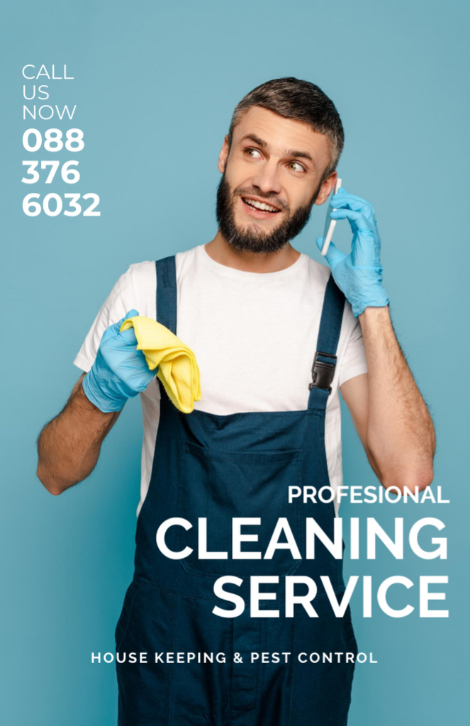 Cleaning Service Offer with a Man in Uniform Flyer 5.5x8.5in Design Template