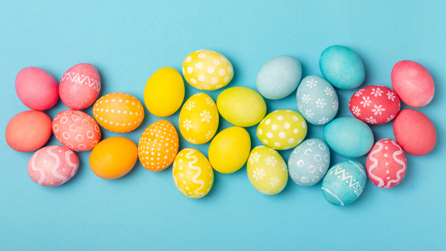 Colorful Easter Eggs on Blue Zoom Background Design Template