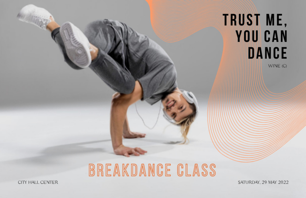Designvorlage Breakdance Classes Ad with Dancer on Grey für Flyer 5.5x8.5in Horizontal