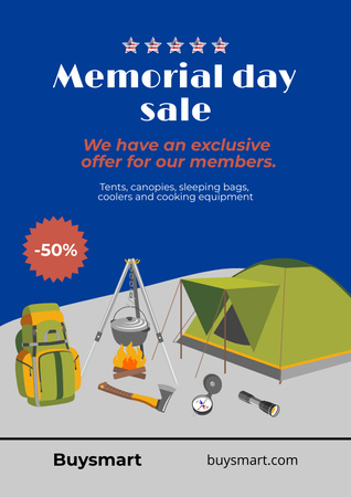 Memorial Day Sale Announcement with Hiking Equipment Poster Design Template