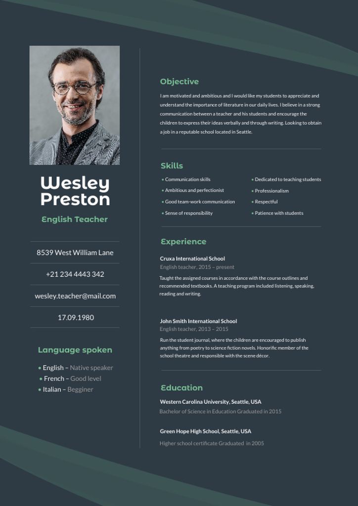 English Teacher professional profile Resume Design Template