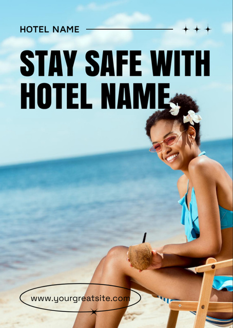 Designvorlage Beach Hotel Ad with Beautiful African American Woman für Flyer A6