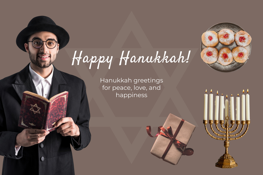 Ontwerpsjabloon van Mood Board van Happy Hanukkah Wishes with Man Reading Tanakh