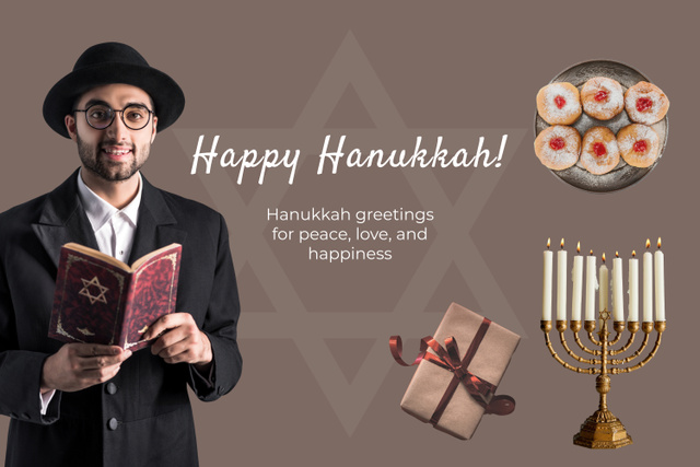 Happy Hanukkah Wishes with Man Reading Tanakh Mood Boardデザインテンプレート