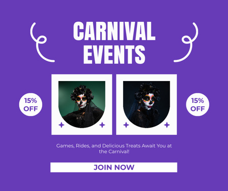 Fenséges karneváli rendezvények kedvezménnyel és maszkokkal Facebook tervezősablon