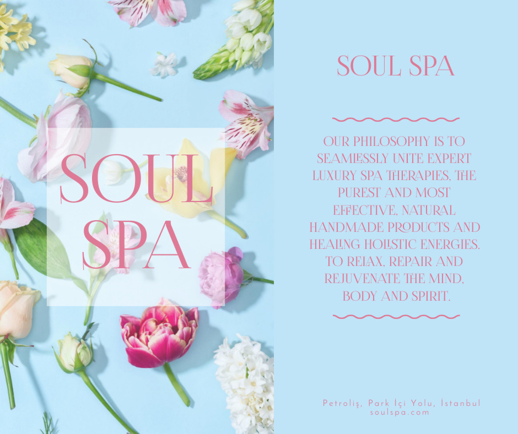 Spa Service Offer with Fresh Flowers on Blue Facebook Design Template