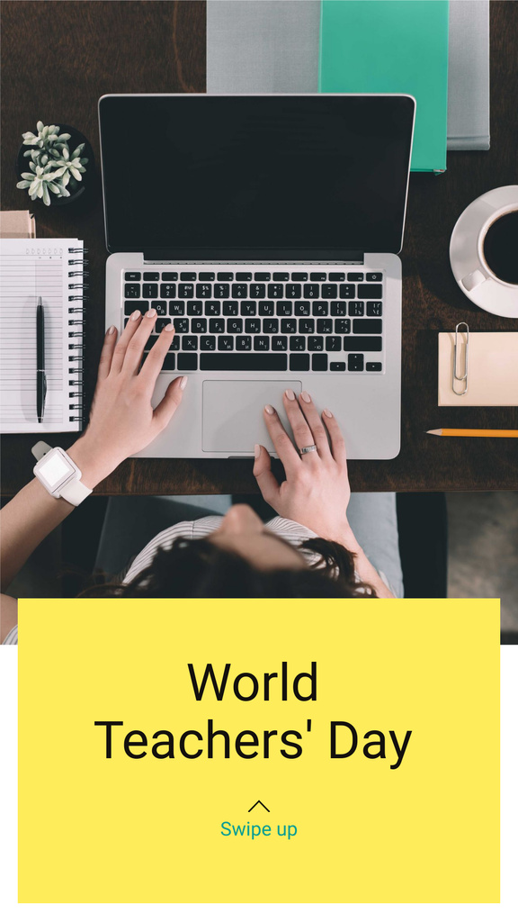 World Teacher's Day Announcement with Man typing on Laptop Instagram Story Modelo de Design
