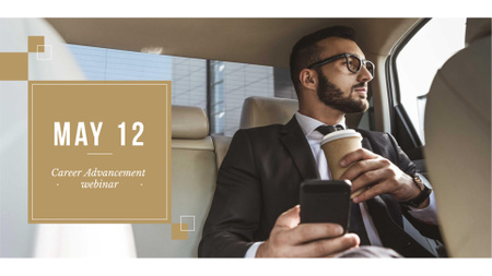 liikemies autossa kahvin ja älypuhelimen kanssa FB event cover Design Template