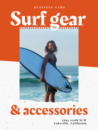 Surf Gear Sale Offer with Young Man with Surfboard Poster US Design Template