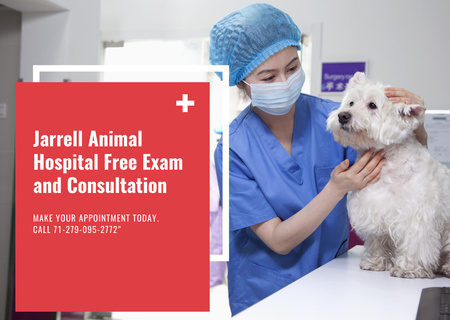 Anúncio de clínica veterinária com médico veterinário examinando cachorro fofo Flyer A6 Horizontal Modelo de Design