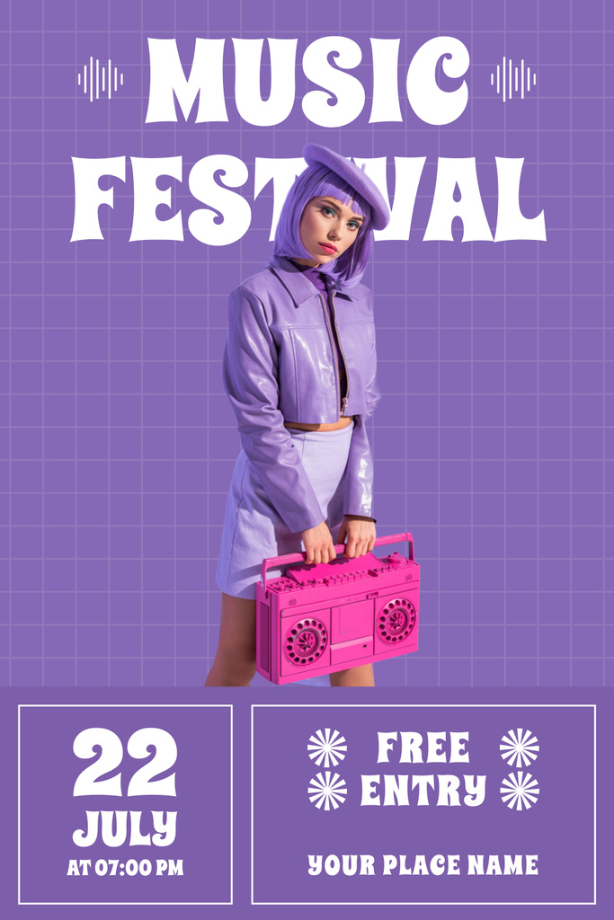 Music Festival Announcement with Woman in Lilac Pinterest Design Template