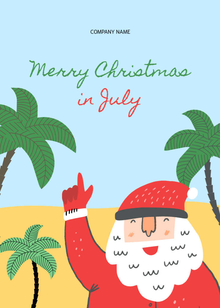 Christmas In July Greeting With Cute Santa Claus on Beach Postcard 5x7in Vertical Design Template