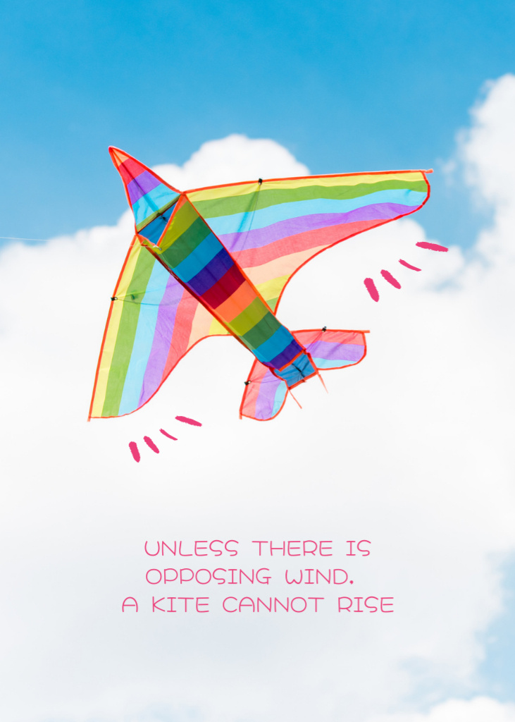 Ontwerpsjabloon van Postcard 5x7in Vertical van Inspirational Phrase With Rainbow Kite And Wind