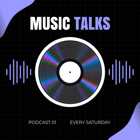 Виниловый диск, окруженный фиолетовыми графическими элементами и заголовками Podcast Cover – шаблон для дизайна