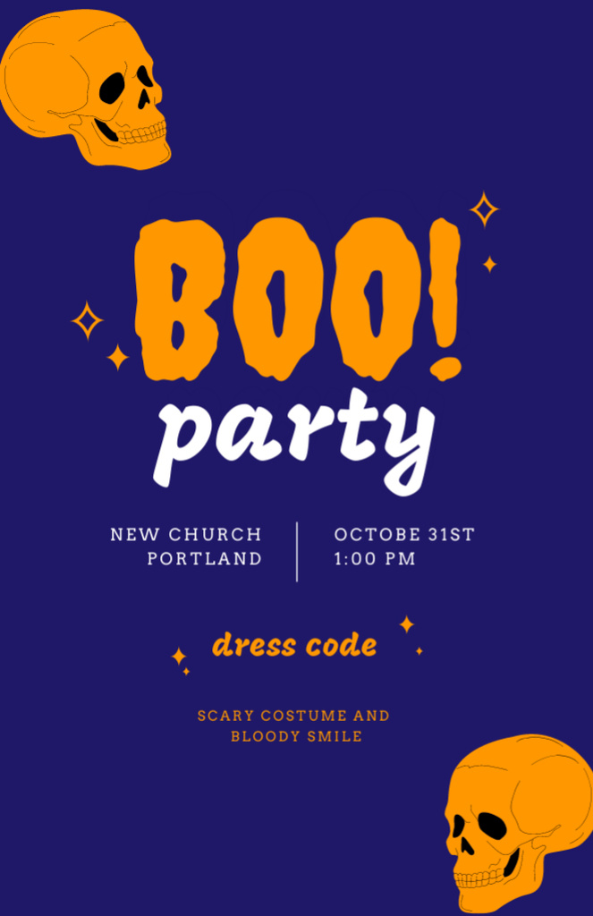 Halloween Party Announcement With Orange Skulls in Blue Invitation 5.5x8.5in Design Template