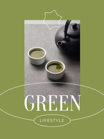Teapot and Cups with Matcha Tea For Green Lifestyle Promotion Poster US Design Template