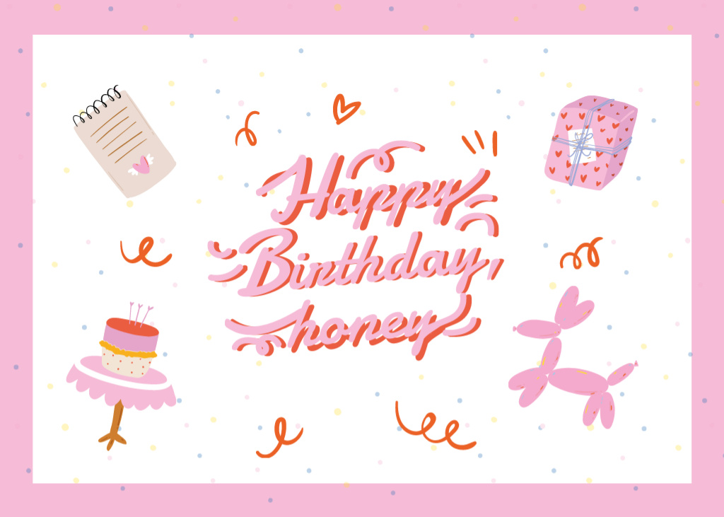 Ontwerpsjabloon van Postcard 5x7in van Birthday Greeting With Present And Cake