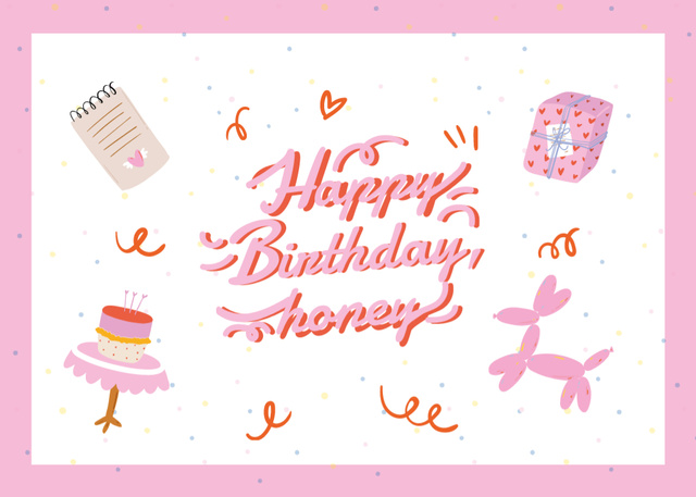 Birthday Greeting With Present And Cake Postcard 5x7in Šablona návrhu