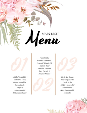 Main Dish List With Watercolor Flowers Menu 8.5x11in Design Template